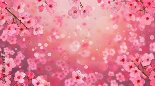 This image portrays vibrant pink cherry blossoms surrounded by a soft bokeh effect, creating a dreamy and romantic atmosphere filled with small floating petals and light. © Design Depot
