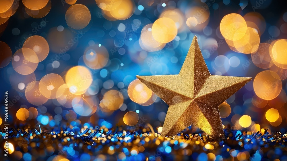 A shimmering golden star is surrounded by ethereal bokeh lights, set against a backdrop of rich blues and yellows, evoking a sense of celebration and festivity. A shimmering golden star is surrounded by ethereal bokeh lights, set against a backdrop of rich blues and yellows, evoking a sense of celebration and festivity.