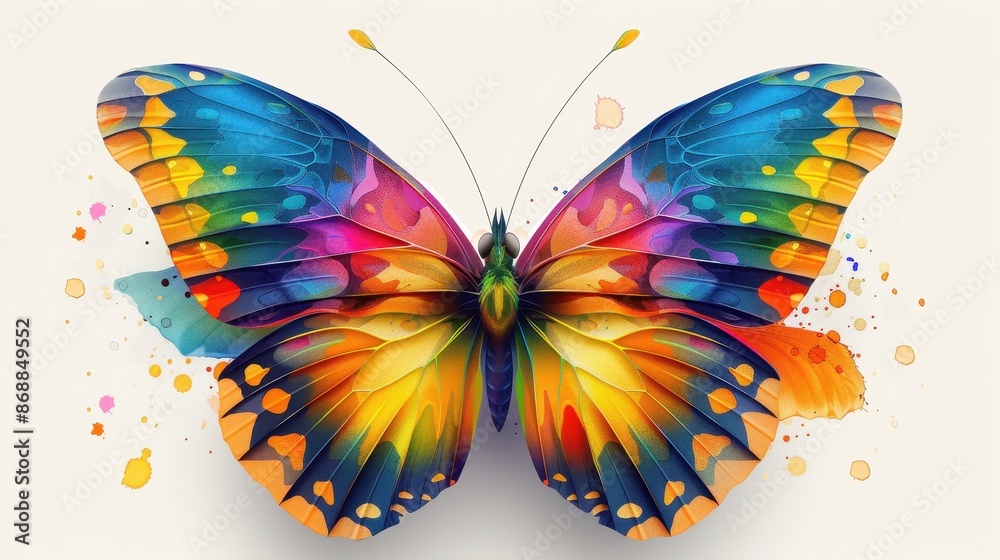 An awe-inspiring butterfly with vividly colorful wings, surrounded by vibrant splashes of color, representing freedom and creativity in a dreamlike setting.