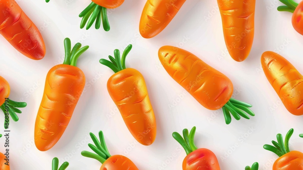An eye-catching pattern design featuring multiple digitally illustrated carrots with green tops, displayed in a repeating arrangement on a white background, highlighting simplicity and color. An eye-catching pattern design featuring multiple digitally illustrated carrots with green tops, displayed in a repeating arrangement on a white background, highlighting simplicity and color.