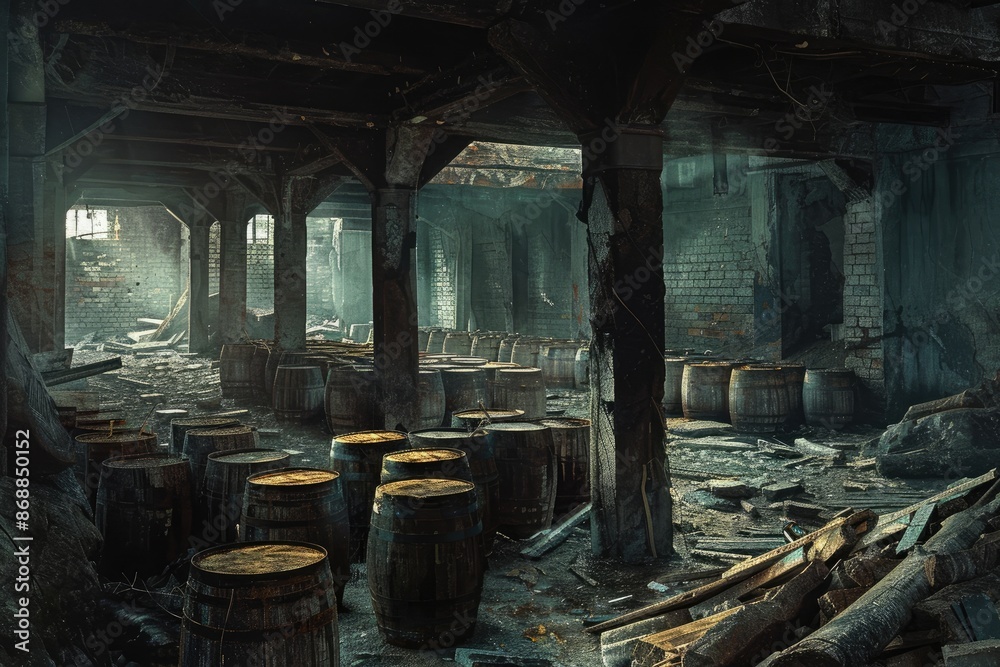 A dark, abandoned warehouse with many barrels. Scene is eerie and unsettling A dark, abandoned warehouse with many barrels. Scene is eerie and unsettling