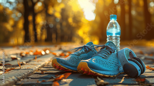 A pair of blue running shoes with bottle water and headphone.