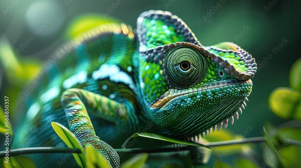 Obraz premium A green and brown lizard with a green head and green eyes.