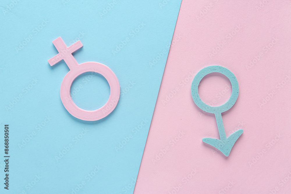 Female and male symbols on blue and pink background. Sex education