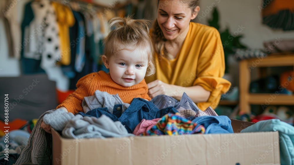 A woman is helping a baby sort through a pile of clothes. The baby is wearing an orange sweater A woman is helping a baby sort through a pile of clothes. The baby is wearing an orange sweater