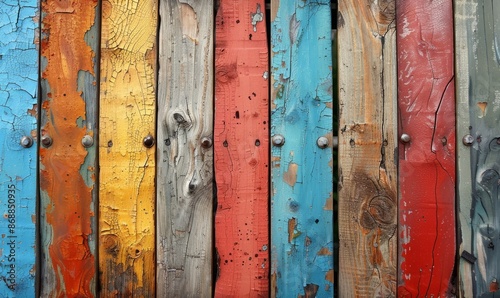 Painted wooden boards with worn texture