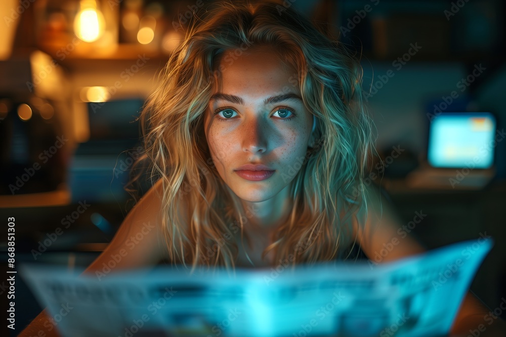 Woman Reads Newspaper at Night Woman Reads Newspaper at Night