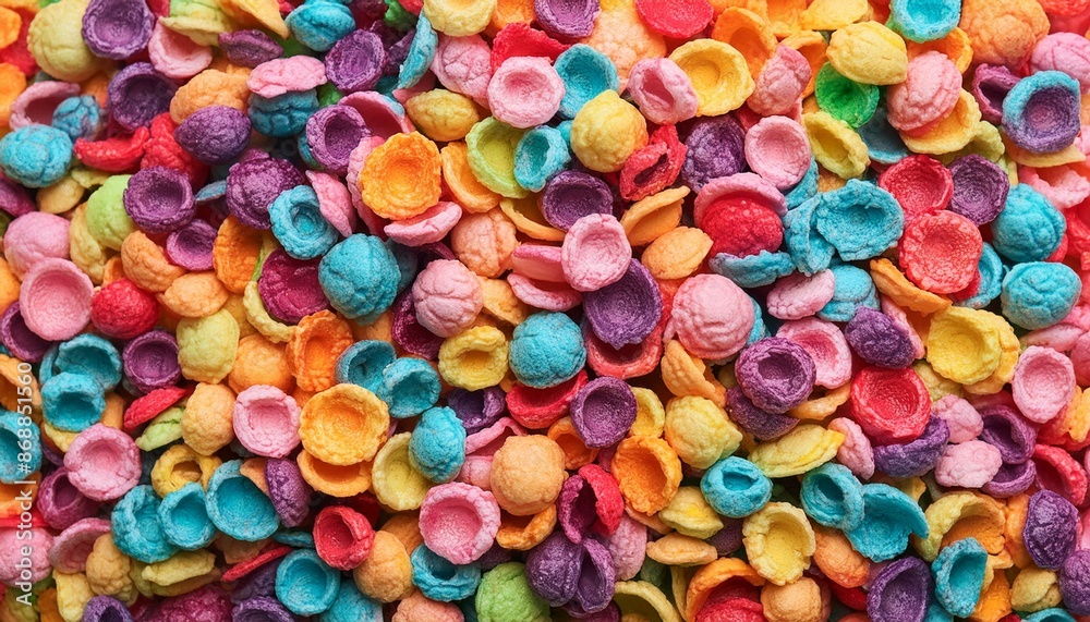 A pile of colorful cereal with a rainbow of colors A pile of colorful cereal with a rainbow of colors