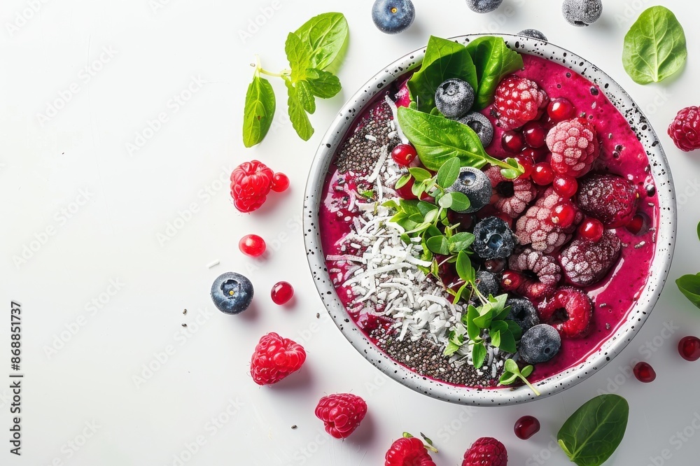 A bowl of mixed berries and coconut is on a white background A bowl of mixed berries and coconut is on a white background