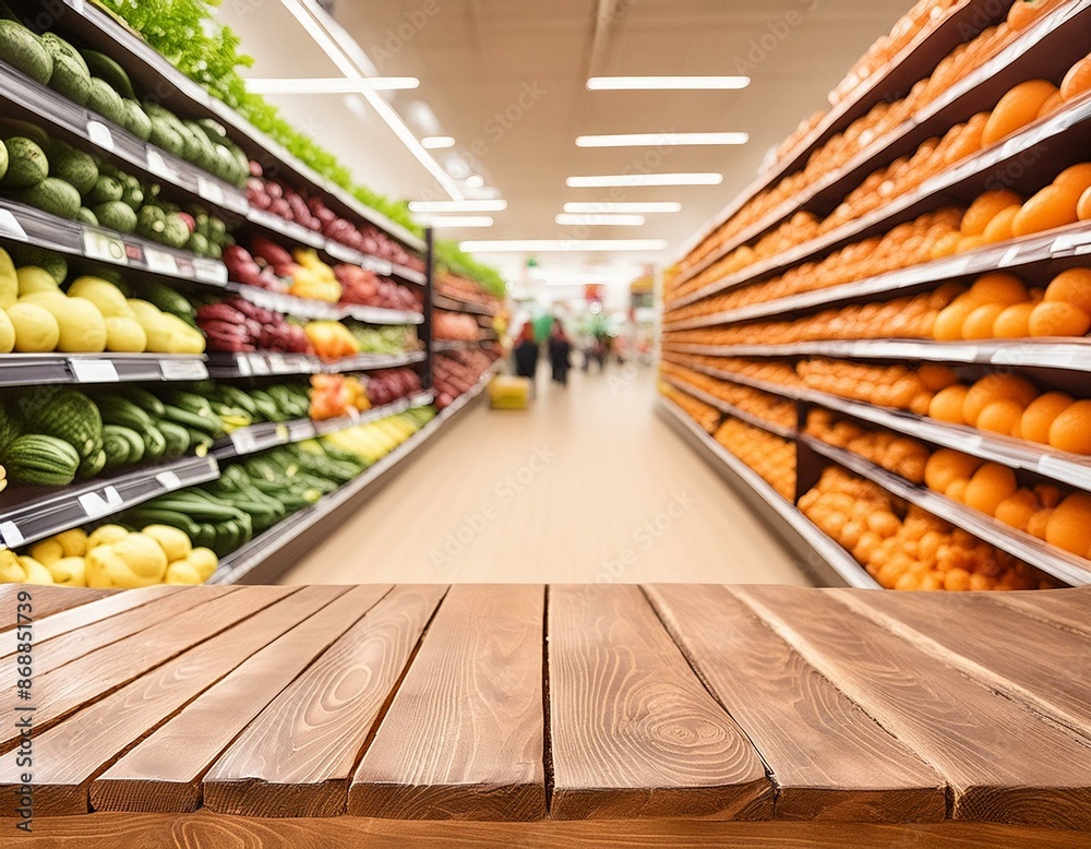 Fototapeta premium A grocery store with a wooden counter and a view of the produce section