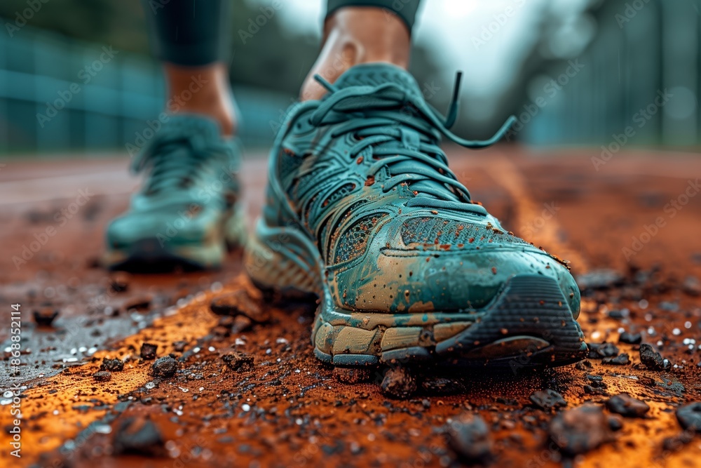 Fatigued Runner in Tattered Green Shoes on Track Fatigued Runner in Tattered Green Shoes on Track