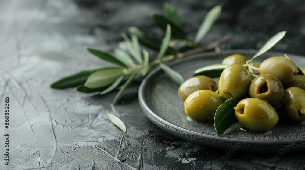 Exquisite display of savory olives and vibrant leaves arranged on a chic grey plate Exquisite display of savory olives and vibrant leaves arranged on a chic grey plate