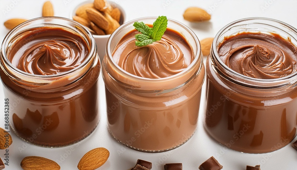 Three jars of chocolate spread with green mint leaves on top Three jars of chocolate spread with green mint leaves on top
