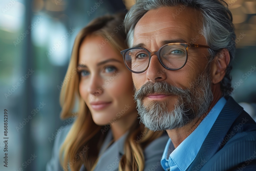 Man and Woman Sitting Together in a Modern Office Setting Man and Woman Sitting Together in a Modern Office Setting