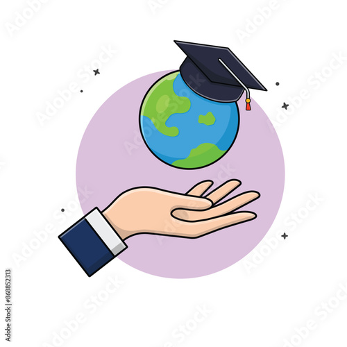 Hand with Earth and Graduation Hat Vector Illustration. Graduation Concept Design