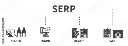 SERP concept icon illustration contain search, engine, result and page.