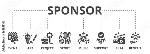 Sponsor concept icon illustration contain event, art, project, sport, music, support, film and benefit.