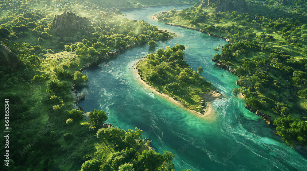 Obraz premium Aerial View of Winding River Through Lush Green Valley