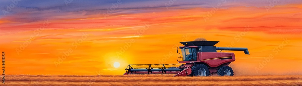 Fototapeta premium A dynamic watercolor of a combine harvester in action during sunset, Bright hues, Dramatic