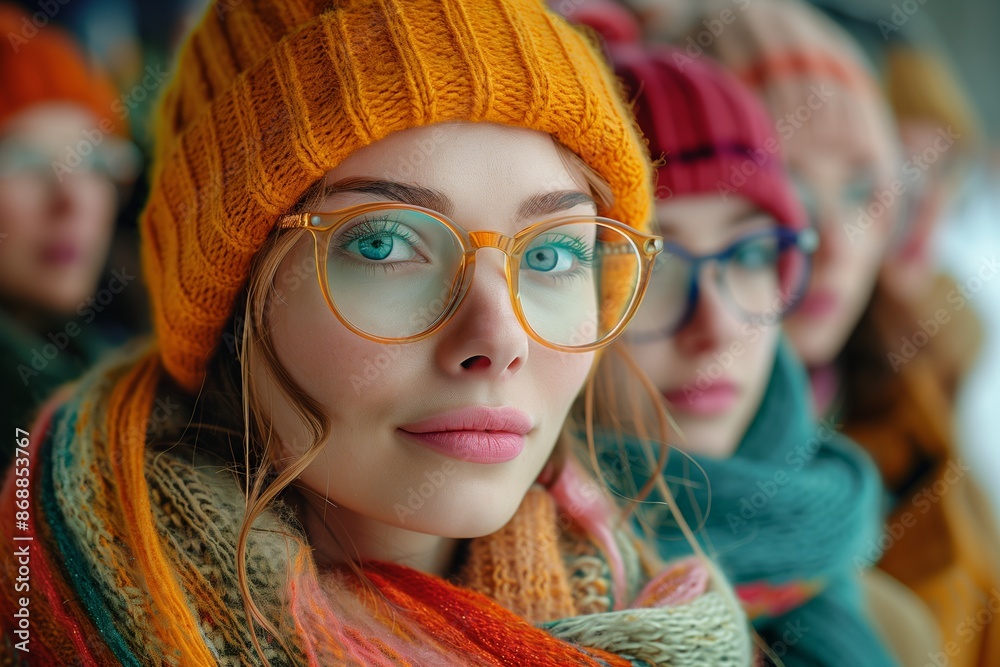 Diverse group of women standing in a row wearing glasses and scarves Diverse group of women standing in a row wearing glasses and scarves