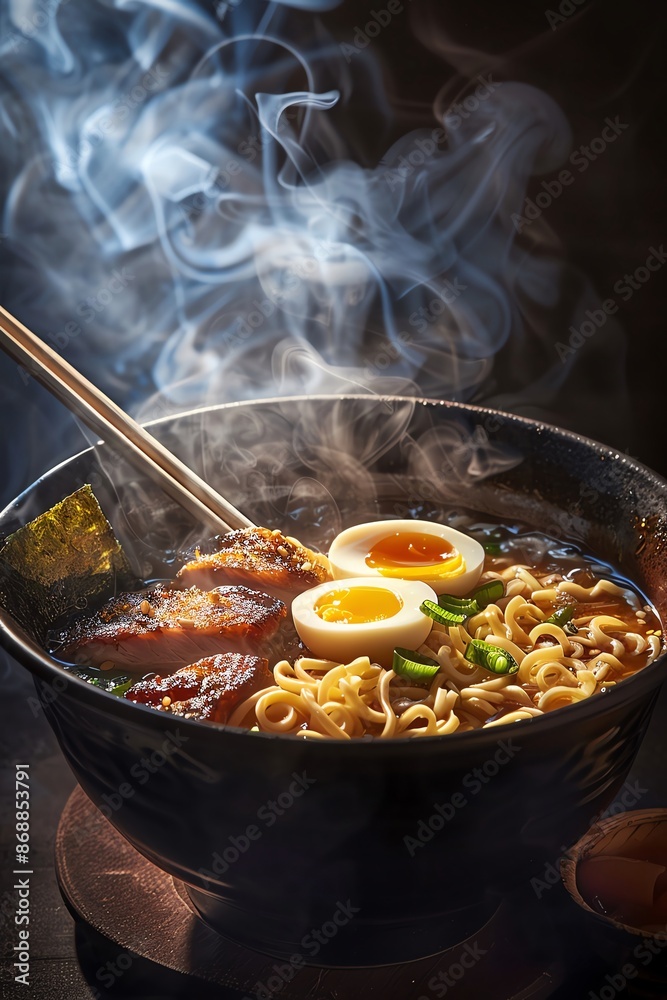 Ramen noodles submerged in a steaming bowl of flavorful broth Ramen noodles submerged in a steaming bowl of flavorful broth