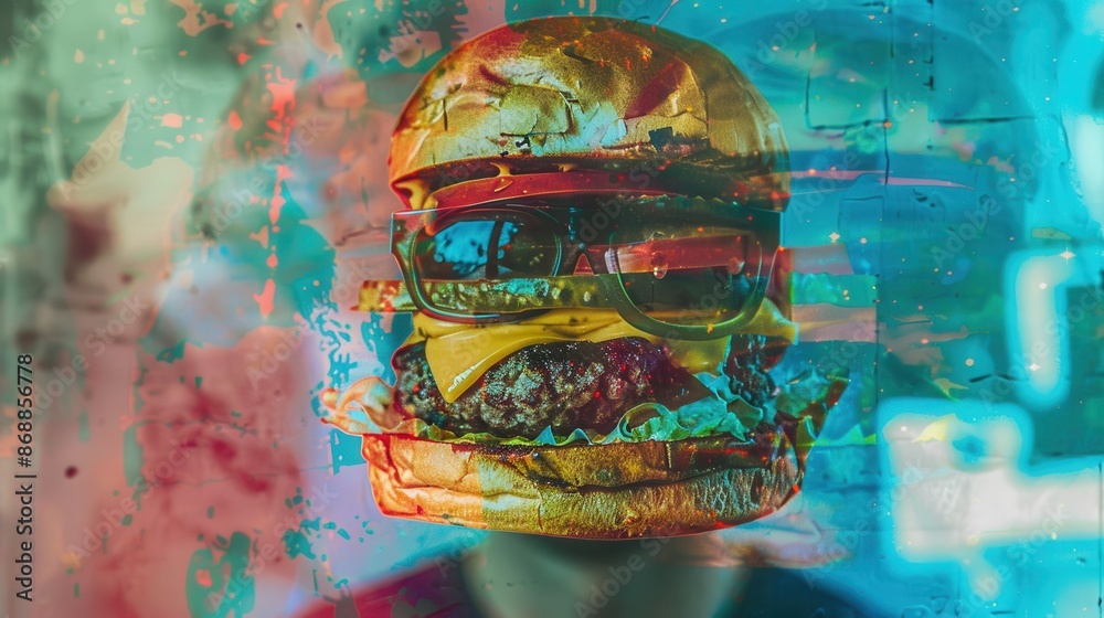 Fototapeta premium Graffiti wall focus on, copy space, vibrant colors, double exposure silhouette with burger ingredients