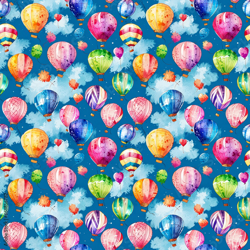Colorful seamless pattern with cute balloons. Cartoon air balloon background.