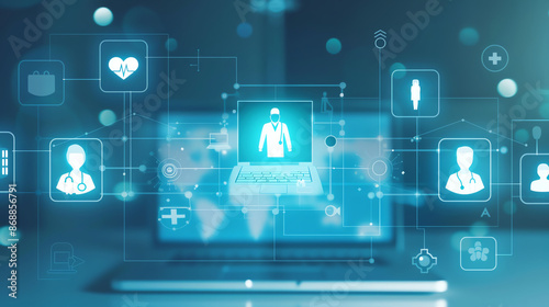 Laptop with medical icons and a map in the background, representing digital healthcare and telemedicine.