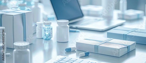 White pills and bottles on blue background. Medicine concept. © Montree