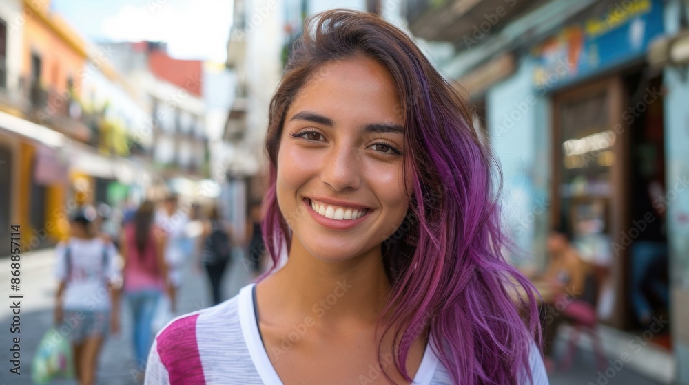 Portrait of a smiling young woman with purple hair. AI. Portrait of a smiling young woman with purple hair. AI.