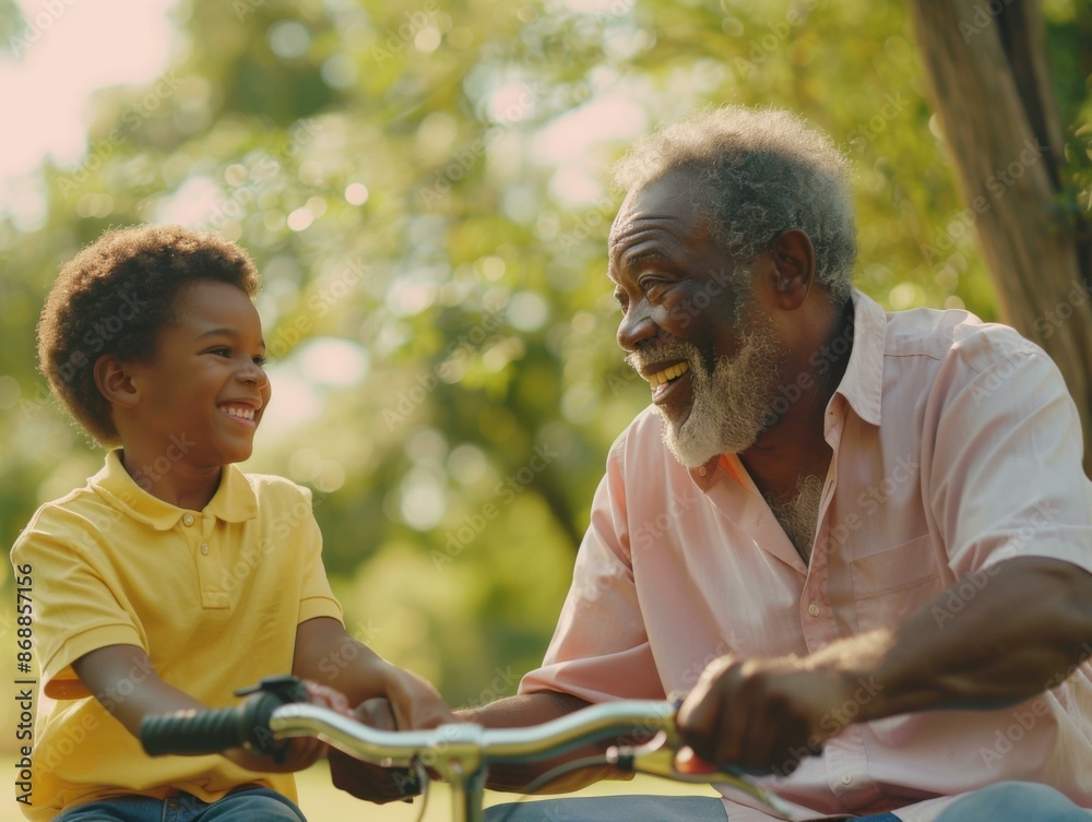 A happy grandfather and grandson ride a bike together. AI. A happy grandfather and grandson ride a bike together. AI.