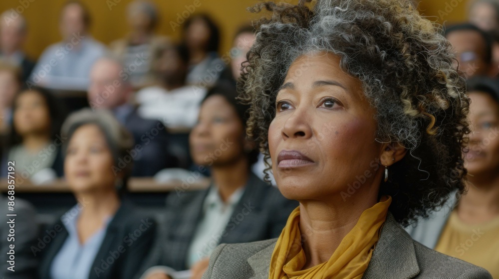 Portrait of a confident mature woman with gray hair. AI.