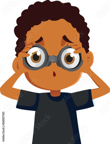 Surprised Boy Looking with Binoculars Vector Illustration. Curious child spying and exploring finding surprising things 
