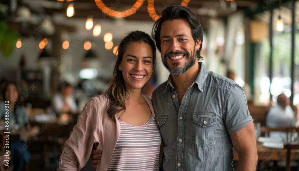 A happy couple smiling and posing for a photo in a restaurant. AI. A happy couple smiling and posing for a photo in a restaurant. AI.