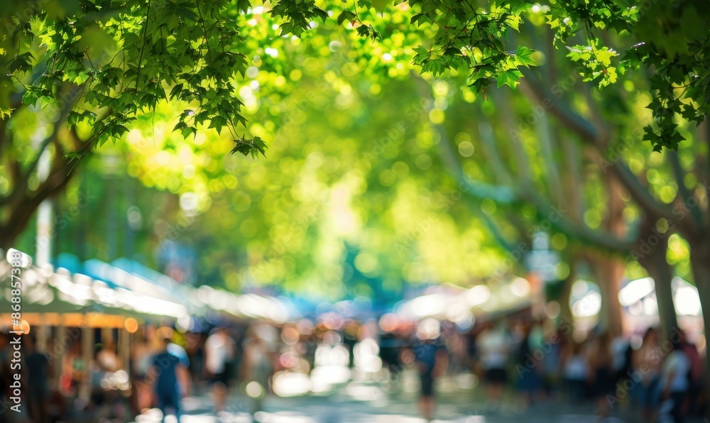 Obraz premium Blurred view of a vibrant street market with green leaves in the foreground. AI.