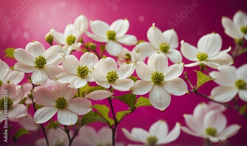 Delicate white flowers blossom against pink background.