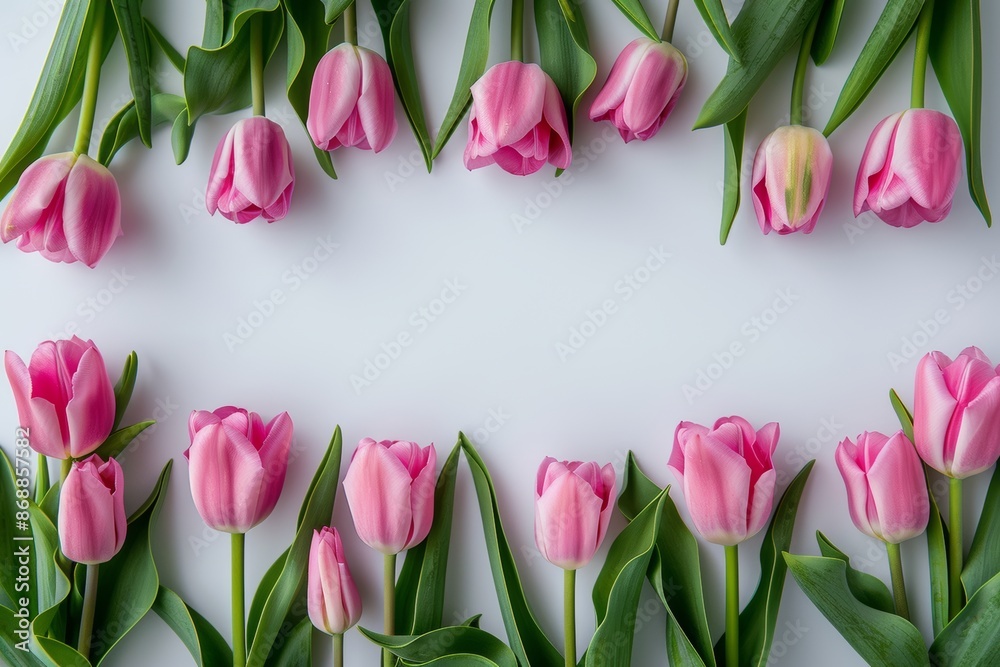 Pink Tulip Flower Border on White Background Pink Tulip Flower Border on White Background