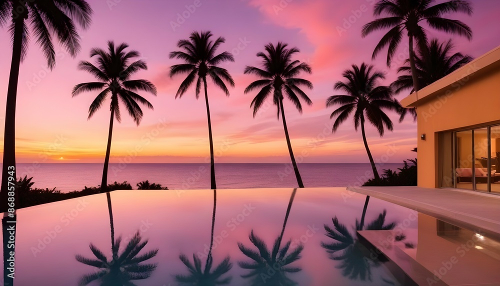 Serenity at sunset: An infinity pool blending into the ocean, framed by swaying palm trees, with the sky painted in shades of orange and pink. Serenity at sunset: An infinity pool blending into the ocean, framed by swaying palm trees, with the sky painted in shades of orange and pink.