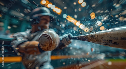 Intense action: a baseball on fire soaring through air with players , capturing thrilling energy and excitement of baseball, with a dramatic fiery image that emphasises dynamic nature of the sport. photo