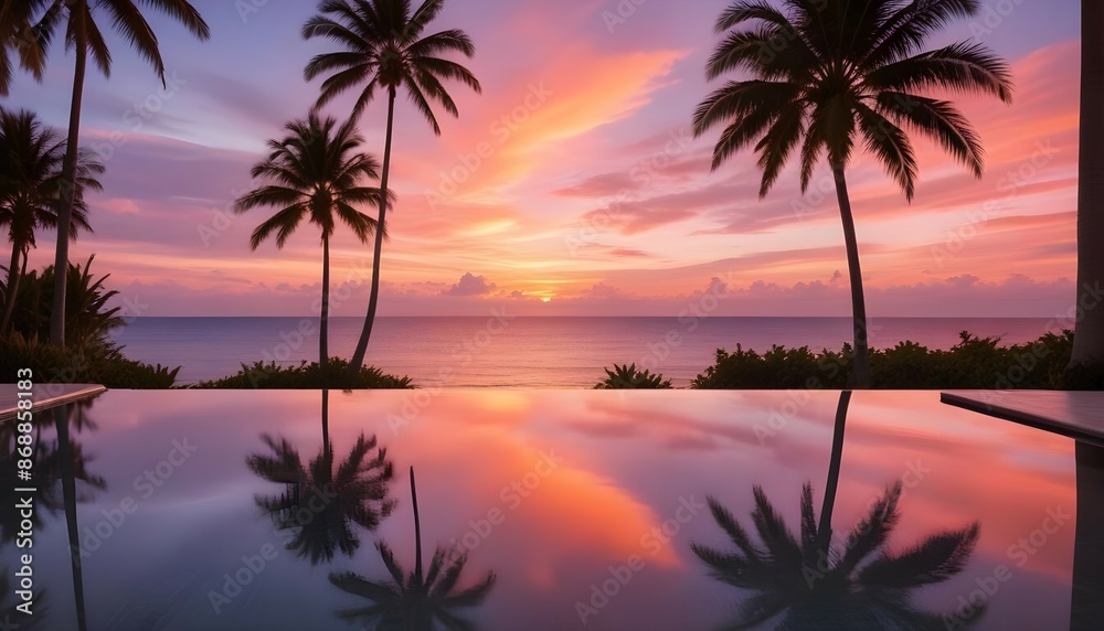 Serenity at sunset: An infinity pool blending into the ocean, framed by swaying palm trees, with the sky painted in shades of orange and pink. Serenity at sunset: An infinity pool blending into the ocean, framed by swaying palm trees, with the sky painted in shades of orange and pink.