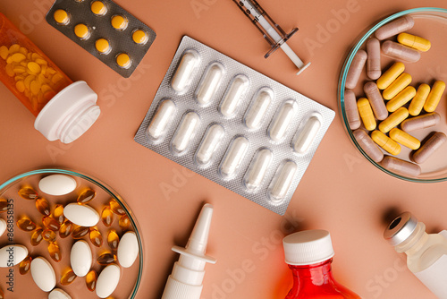 pharmaceutical in various dosage forms on a beige. the diversity of medication forms and the for healthcare and medicine products.