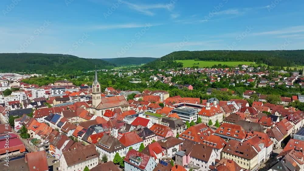 Aerial view of the town centre of Tuttlingen with the Protestant church of St. Peter and Paul, district of Tuttlingen, Black Forest, Baar, Heuberg, Baden-Württemberg, Germany, Europe