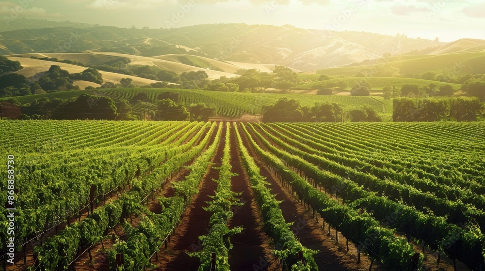 Vineyard rows focus on, copy space, lush vines, double exposure silhouette with rolling hills Vineyard rows focus on, copy space, lush vines, double exposure silhouette with rolling hills