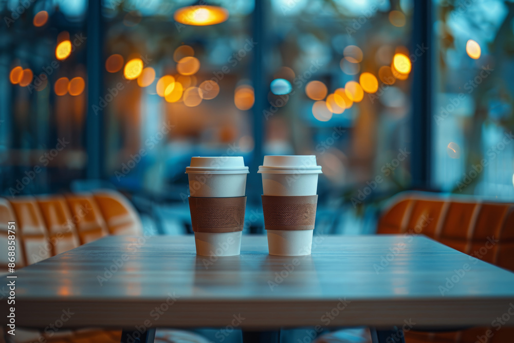 Two coffee cups on a minimalist table with chairs on either side, blurred coffee shop background. Two coffee cups on a minimalist table with chairs on either side, blurred coffee shop background.