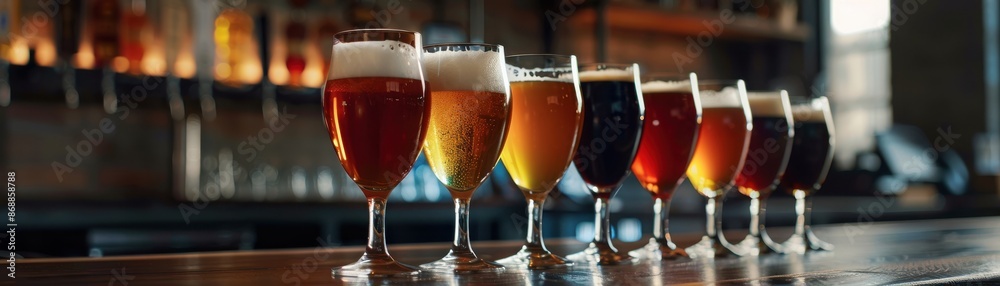 Beer flight close up, focus on, copy space, variety of brews, double exposure silhouette with pub interior Beer flight close up, focus on, copy space, variety of brews, double exposure silhouette with pub interior