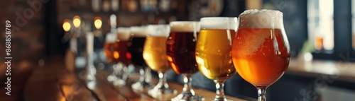 Beer flight close up, focus on, copy space, variety of brews, double exposure silhouette with pub interior