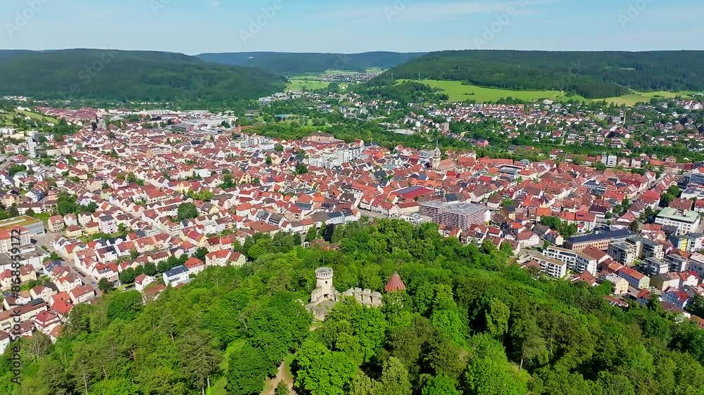 Aerial view of the town of Tuttlingen, in the foreground the Honburg castle ruins on the Honberg, district of Tuttlingen, Black Forest, Baar, Heuberg, Baden-Württemberg, Germany, Europe Aerial view of the town of Tuttlingen, in the foreground the Honburg castle ruins on the Honberg, district of Tuttlingen, Black Forest, Baar, Heuberg, Baden-Württemberg, Germany, Europe