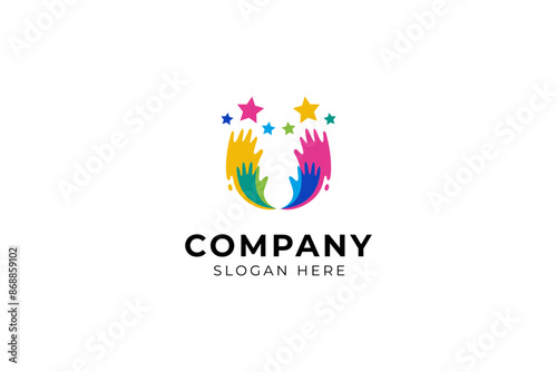 Hand reach star logo with letter U combination with colorful template vector design style