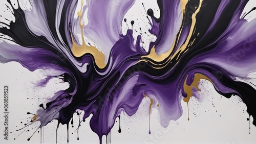 Abstract brush strokes and swirls of black and purple on a white background, with black and purple paint on the walls