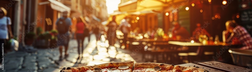 Italian piazza focus on, copy space, lively atmosphere, double exposure silhouette with pizza platter Italian piazza focus on, copy space, lively atmosphere, double exposure silhouette with pizza platter